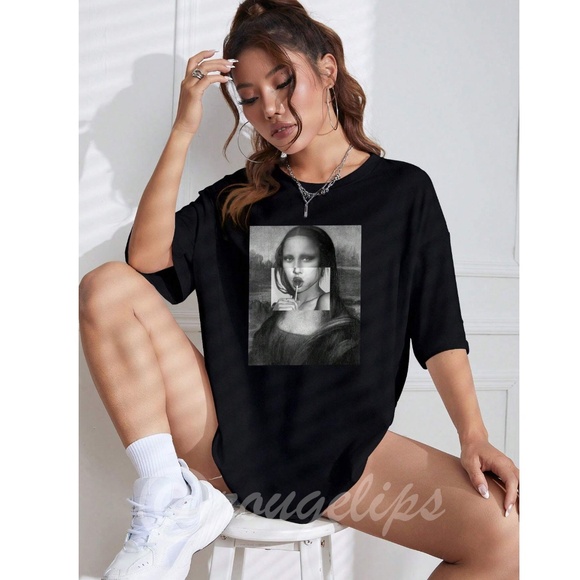 Black Oversized Tee Crewneck Short Sleeve Printed Black White Appliqué Mona Lisa - Picture 2 of 9